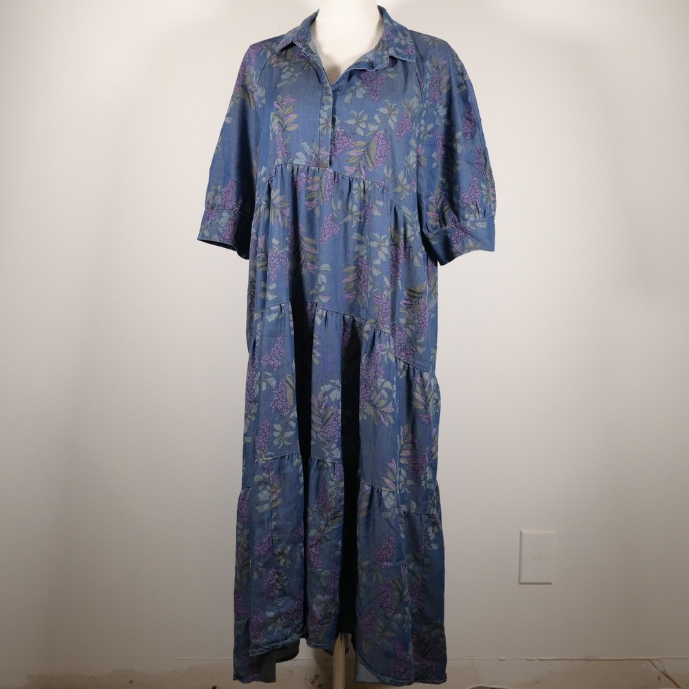 Natural Life Floral Tiered Maxi Dress Blue Purple L Pocket Short Sleeve Lyocell